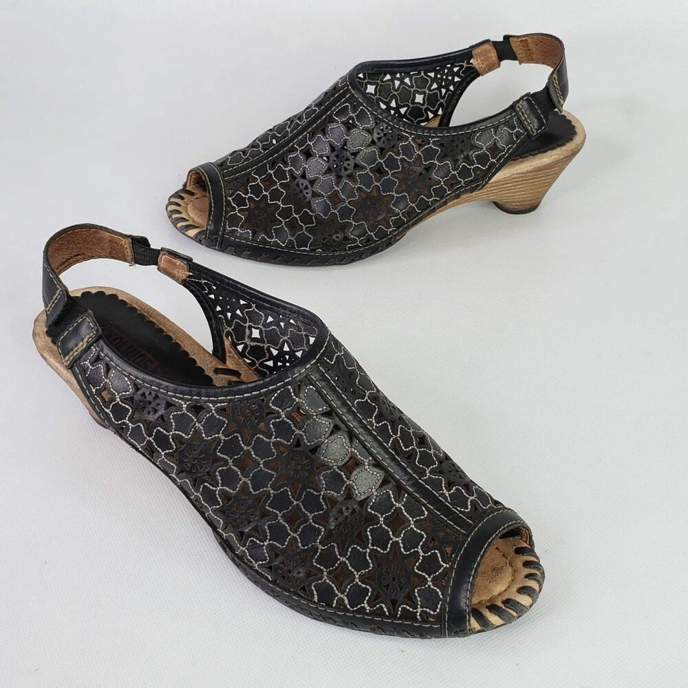 Pikolinos Spanish Style Embroidered Black Leather Wedge Mule Size 40 US 9.5